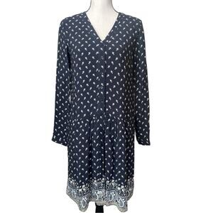 Garnet Hill Pleated Drop Waist Long Sleeved Button Down Shirt Dress Navy 0 NWOT